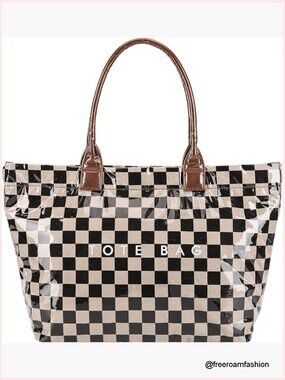 Large PVC Checkered Tote Bag with Zipper, Waterproof Hobo Handbag for Work